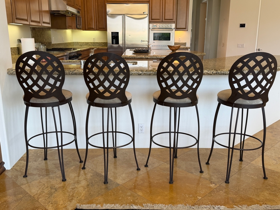 Set Of (4) Trica Dark Bronze Metal Swivel Bar Stools With Decorative Lattice Backs And Neutral Padded Upholstered Seats 30'H [Photo 4]