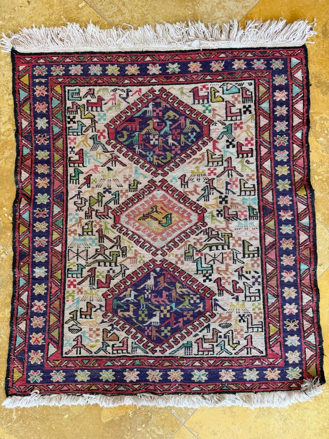 Vintage Hand-Knotted Kilim Soumak Rug With Bird And Animal Pictorial Motifs 31'W X 37'L [Photo 3]