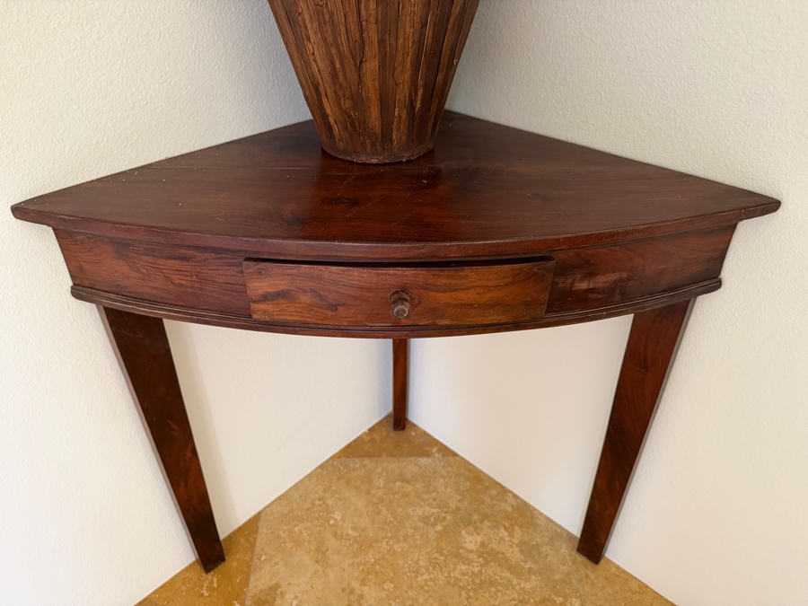 Vintage Wooden Demi-Lune Corner Console Table With Single Drawer and Tapered Legs 34'W X 20'D X 30'H [Photo 3]