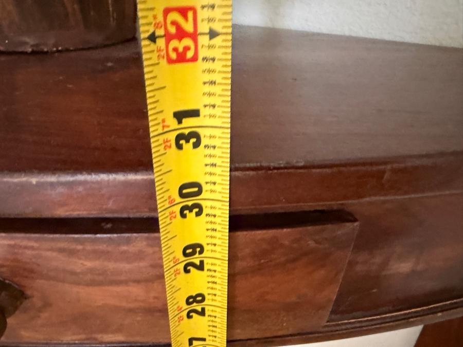 Vintage Wooden Demi-Lune Corner Console Table With Single Drawer and Tapered Legs 34'W X 20'D X 30'H [Photo 6]