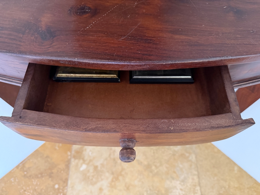 Vintage Wooden Demi-Lune Corner Console Table With Single Drawer and Tapered Legs 34'W X 20'D X 30'H [Photo 4]