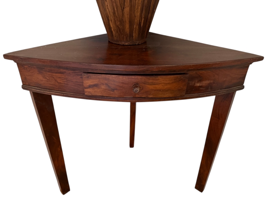 Vintage Wooden Demi-Lune Corner Console Table With Single Drawer and Tapered Legs 34'W X 20'D X 30'H