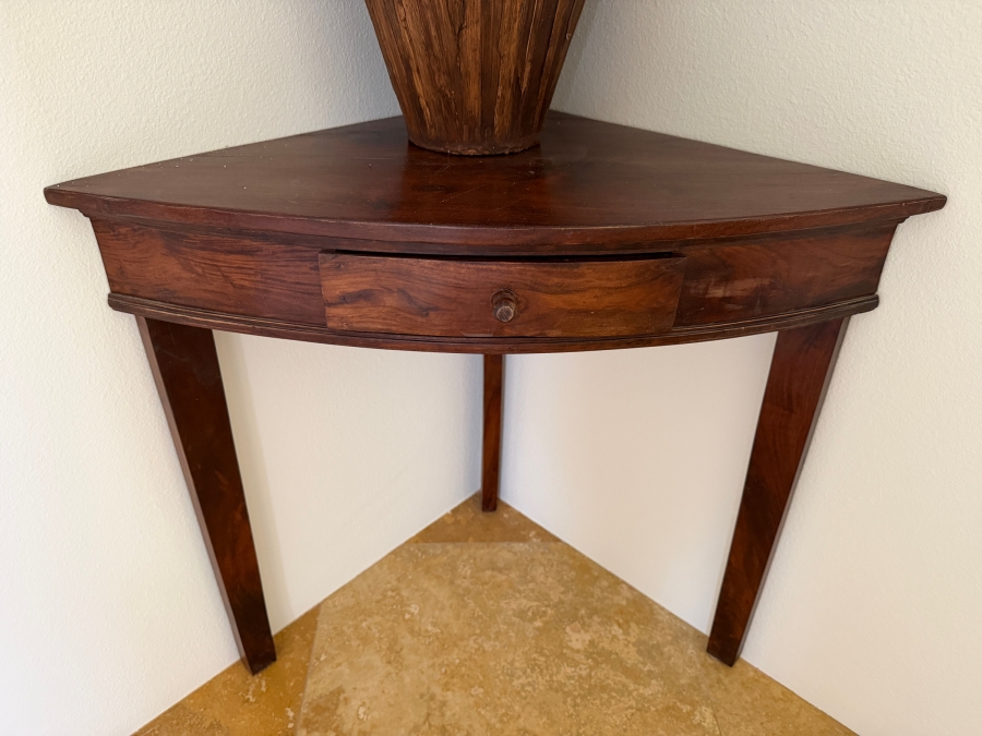 Vintage Wooden Demi-Lune Corner Console Table With Single Drawer and Tapered Legs 34'W X 20'D X 30'H [Photo 2]