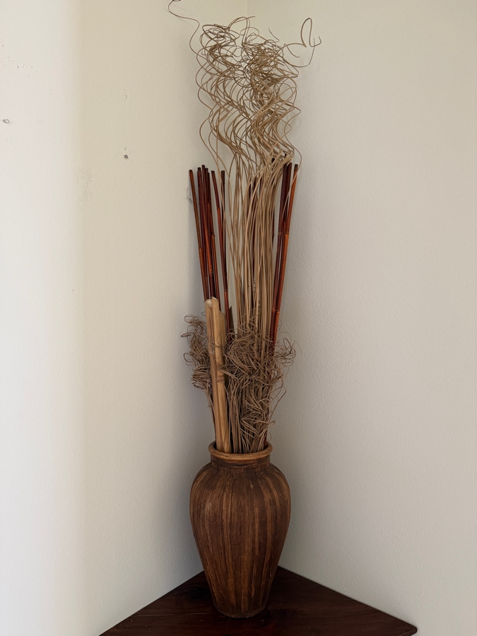 Rustic Hand-Painted Ceramic Urn Vase With Tall Curly Willow And Bamboo Botanical Bundle Vase: 18'H Botanicals: 63'H [Photo 3]