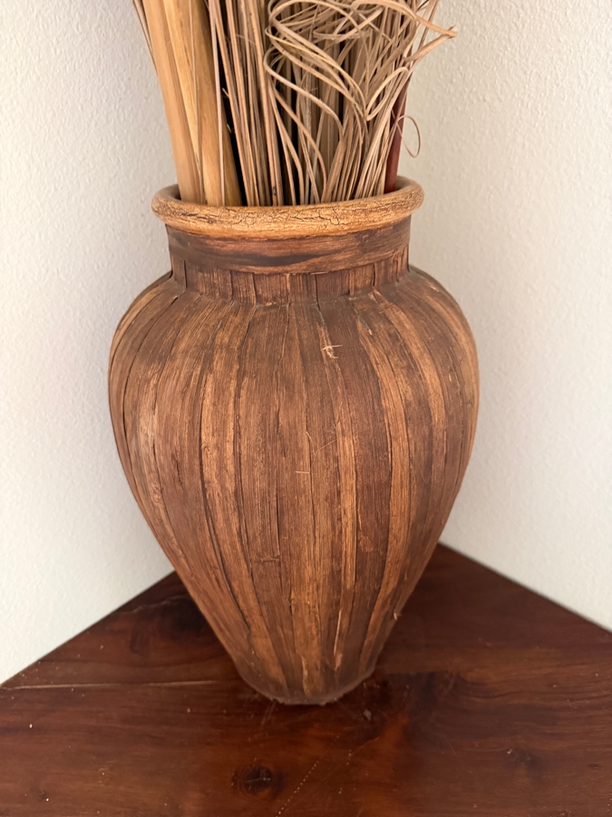 Rustic Hand-Painted Ceramic Urn Vase With Tall Curly Willow And Bamboo Botanical Bundle Vase: 18'H Botanicals: 63'H [Photo 4]