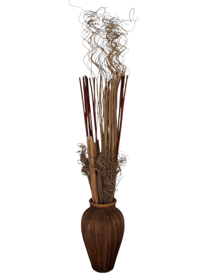 Rustic Hand-Painted Ceramic Urn Vase With Tall Curly Willow And Bamboo Botanical Bundle Vase: 18'H Botanicals: 63'H