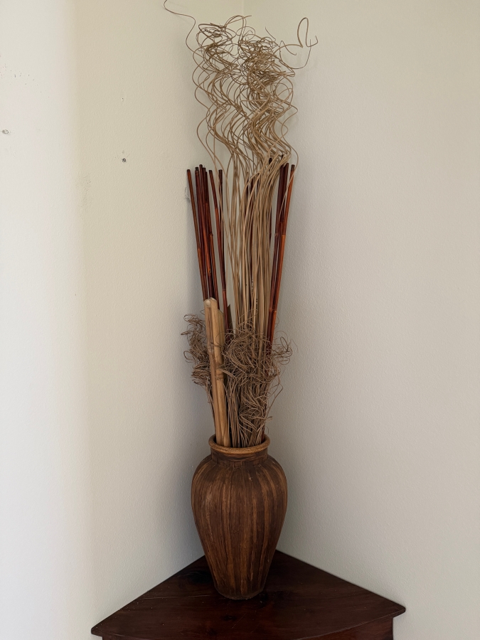 Rustic Hand-Painted Ceramic Urn Vase With Tall Curly Willow And Bamboo Botanical Bundle Vase: 18'H Botanicals: 63'H [Photo 2]