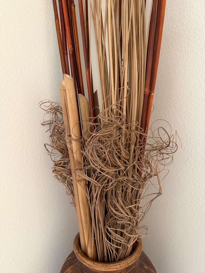 Rustic Hand-Painted Ceramic Urn Vase With Tall Curly Willow And Bamboo Botanical Bundle Vase: 18'H Botanicals: 63'H [Photo 5]