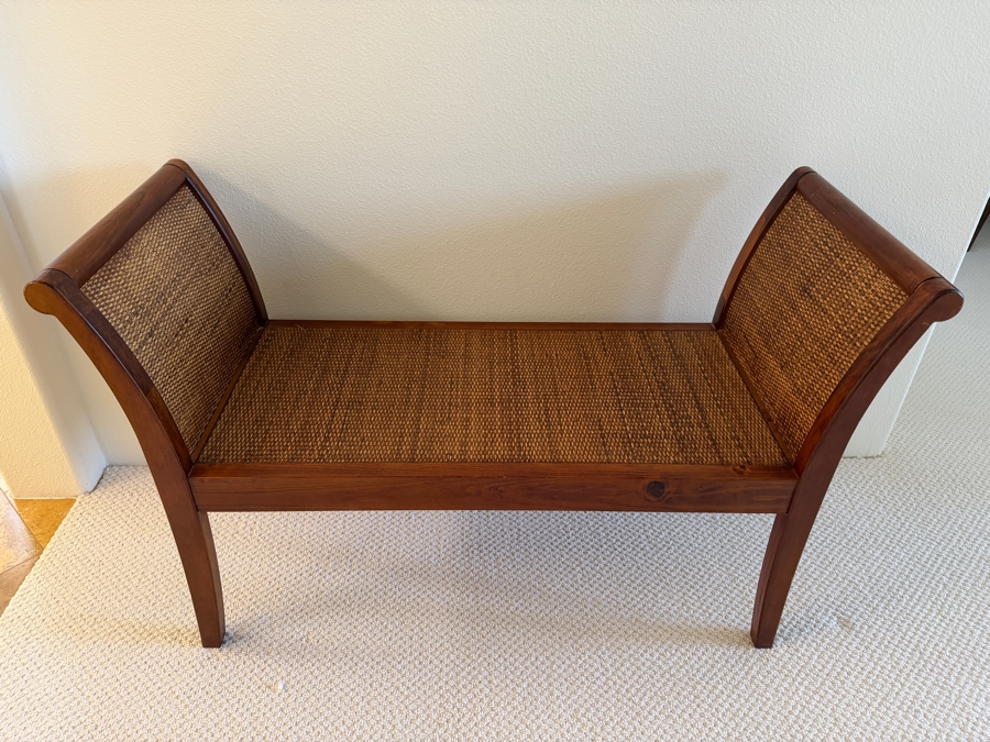 Vintage Wooden Gondola Bench With Woven Rattan Seat And Rolled Arms 44'W X 18'D X 28'H [Photo 3]
