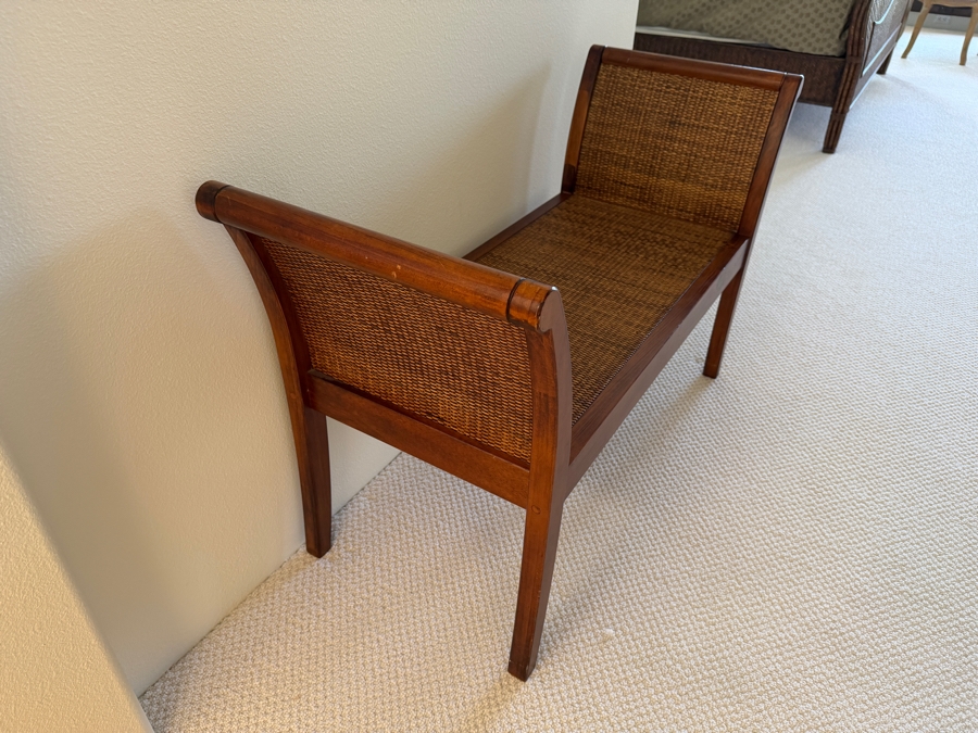 Vintage Wooden Gondola Bench With Woven Rattan Seat And Rolled Arms 44'W X 18'D X 28'H [Photo 4]