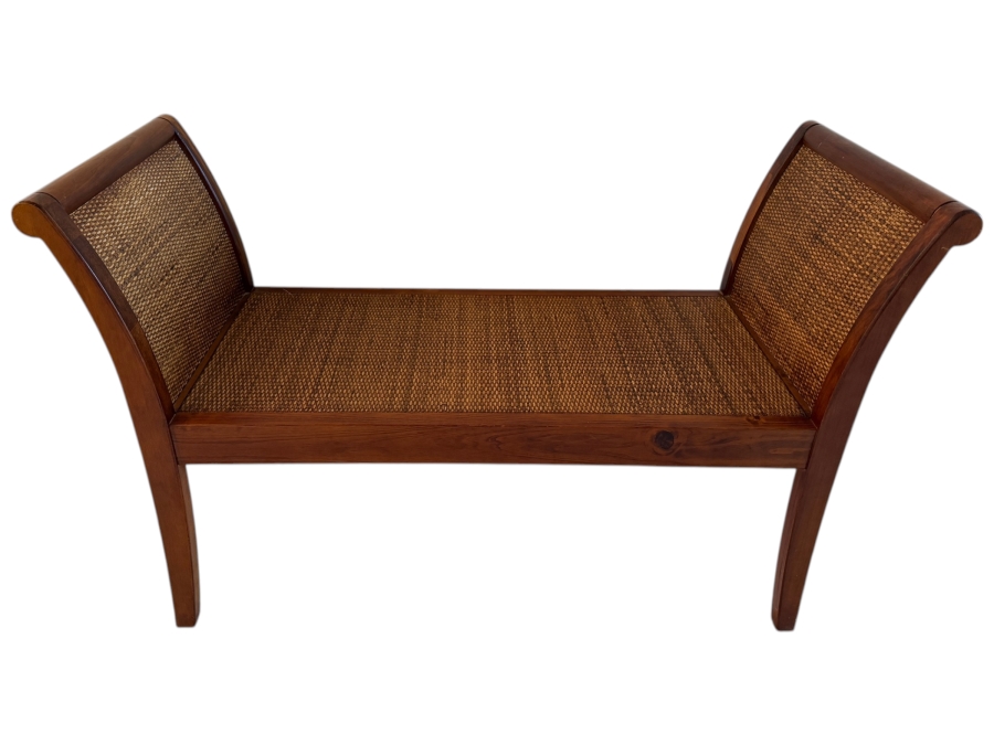 Vintage Wooden Gondola Bench With Woven Rattan Seat And Rolled Arms 44'W X 18'D X 28'H