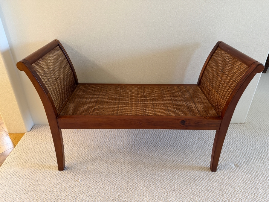 Vintage Wooden Gondola Bench With Woven Rattan Seat And Rolled Arms 44'W X 18'D X 28'H [Photo 2]