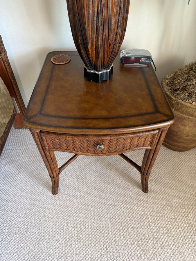 Pair of Henry Link Trading Co. Lexington Home Brands West Indies Rattan Nightstands With Sunburst Hardware And X-Stretcher Base 26W X 29D X 26.5H [Photo 7]
