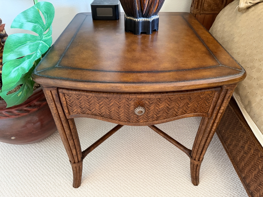 Pair of Henry Link Trading Co. Lexington Home Brands West Indies Rattan Nightstands With Sunburst Hardware And X-Stretcher Base 26W X 29D X 26.5H [Photo 3]
