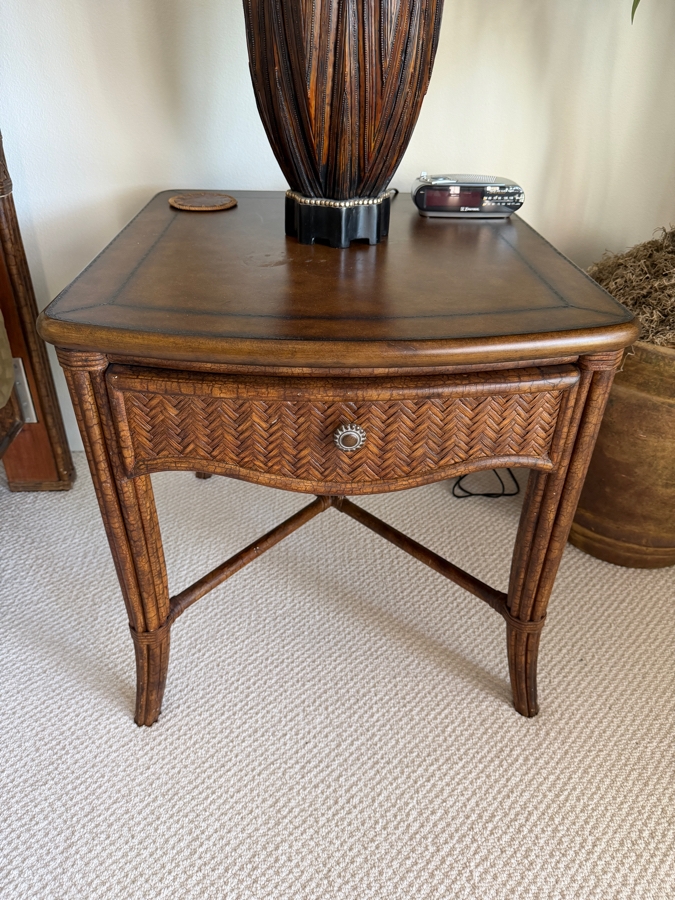 Pair of Henry Link Trading Co. Lexington Home Brands West Indies Rattan Nightstands With Sunburst Hardware And X-Stretcher Base 26W X 29D X 26.5H [Photo 6]