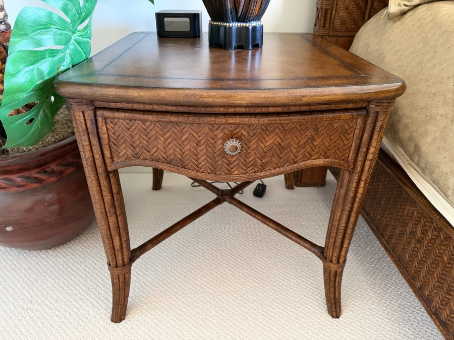 Pair of Henry Link Trading Co. Lexington Home Brands West Indies Rattan Nightstands With Sunburst Hardware And X-Stretcher Base 26W X 29D X 26.5H