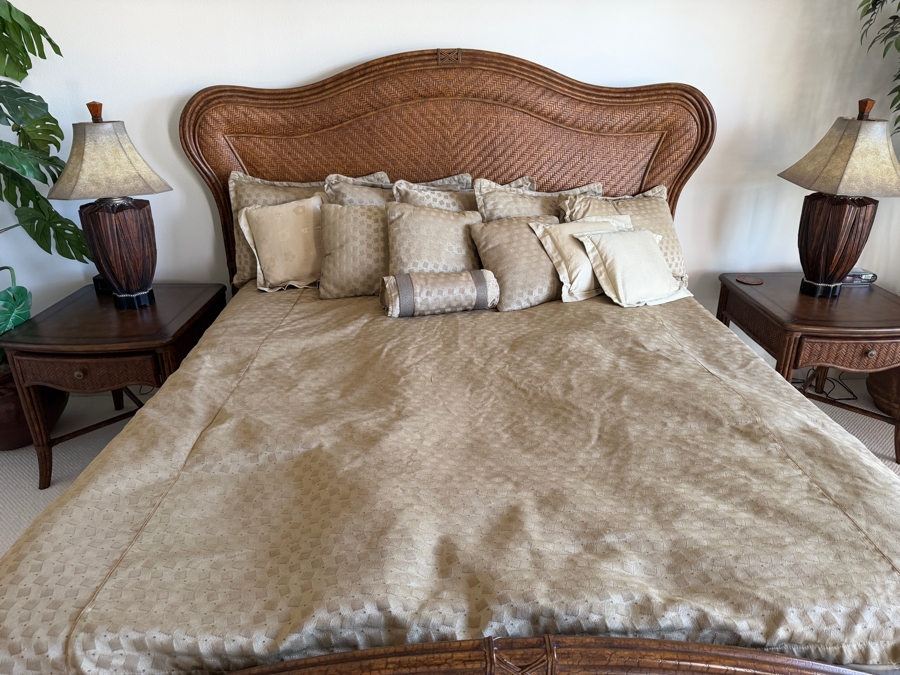 Henry Link Trading Co. Lexington Home Brands West Indies Collection Cal King Size Bed Featuring Hand Woven Herringbone Rattan Panels Split Bamboo Carvings And Decorative Camelback Arched Headboard And Footboard [Photo 4]