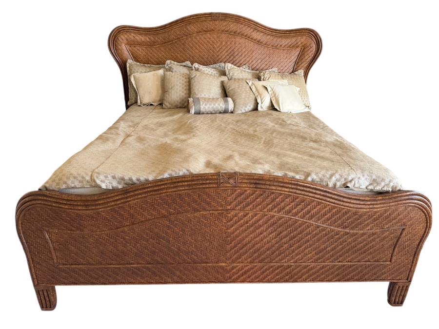 Henry Link Trading Co. Lexington Home Brands West Indies Collection Cal King Size Bed Featuring Hand Woven Herringbone Rattan Panels Split Bamboo Carvings And Decorative Camelback Arched Headboard And Footboard [Photo 2]