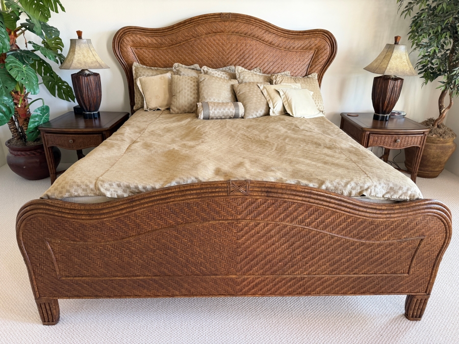Henry Link Trading Co. Lexington Home Brands West Indies Collection Cal King Size Bed Featuring Hand Woven Herringbone Rattan Panels Split Bamboo Carvings And Decorative Camelback Arched Headboard And Footboard