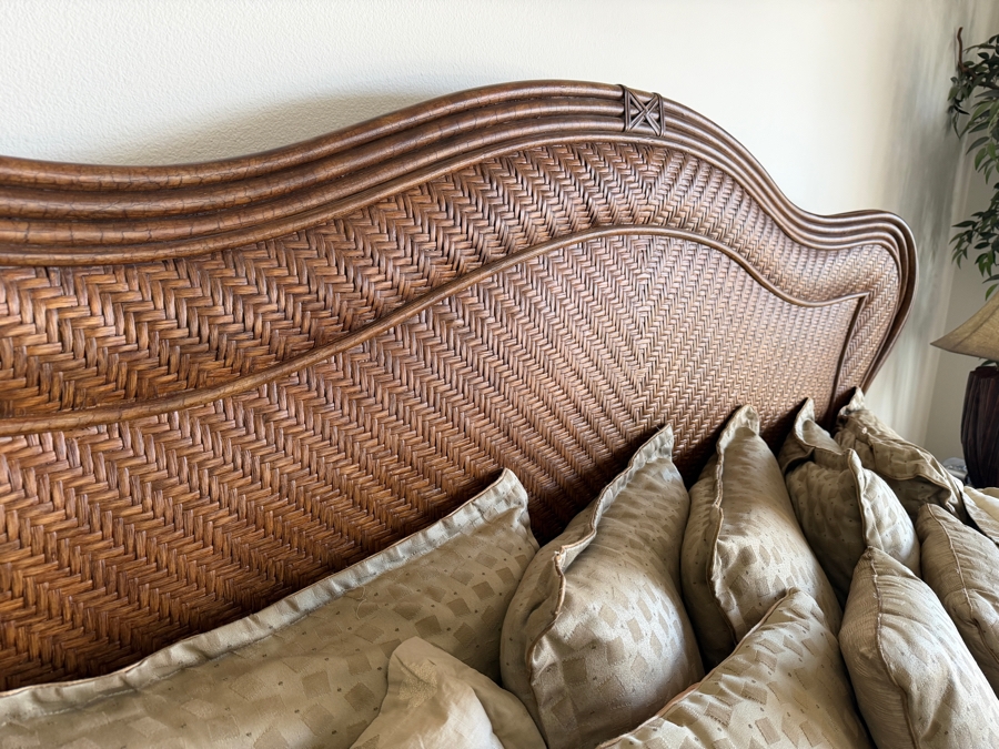 Henry Link Trading Co. Lexington Home Brands West Indies Collection Cal King Size Bed Featuring Hand Woven Herringbone Rattan Panels Split Bamboo Carvings And Decorative Camelback Arched Headboard And Footboard [Photo 5]