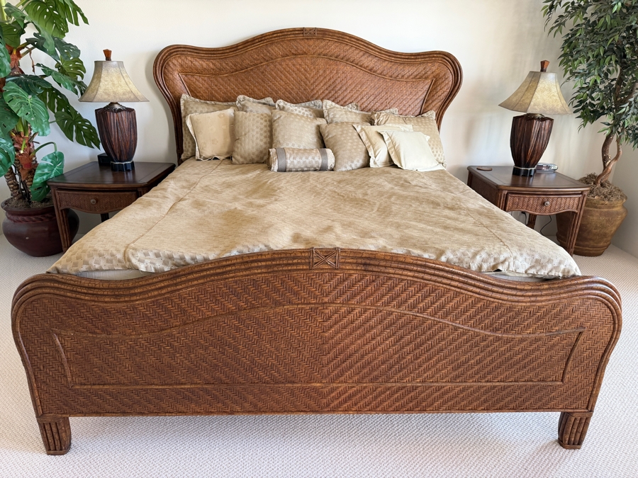 Henry Link Trading Co. Lexington Home Brands West Indies Collection Cal King Size Bed Featuring Hand Woven Herringbone Rattan Panels Split Bamboo Carvings And Decorative Camelback Arched Headboard And Footboard [Photo 3]