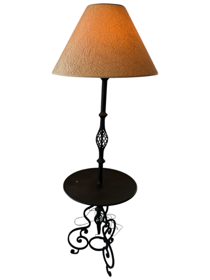 Mediterranean Wrought Iron Floor Lamp With Integrated Accent Table And Textured Shade 67'H