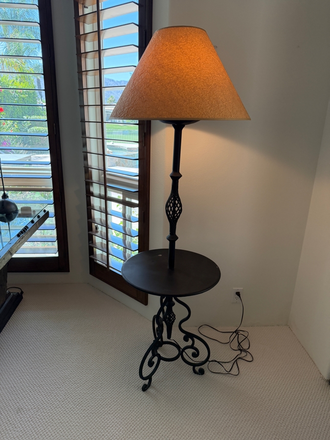 Mediterranean Wrought Iron Floor Lamp With Integrated Accent Table And Textured Shade 67'H [Photo 3]