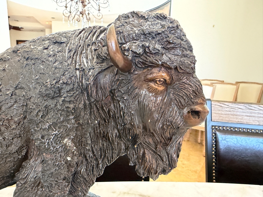 Bronze American Bison Sculpture By American Artist Benje Featuring Detailed Fur Texture On A Naturalistic Rocky Base With Dark Patina Finish 13'W X 6'D X 11'H [Photo 3]