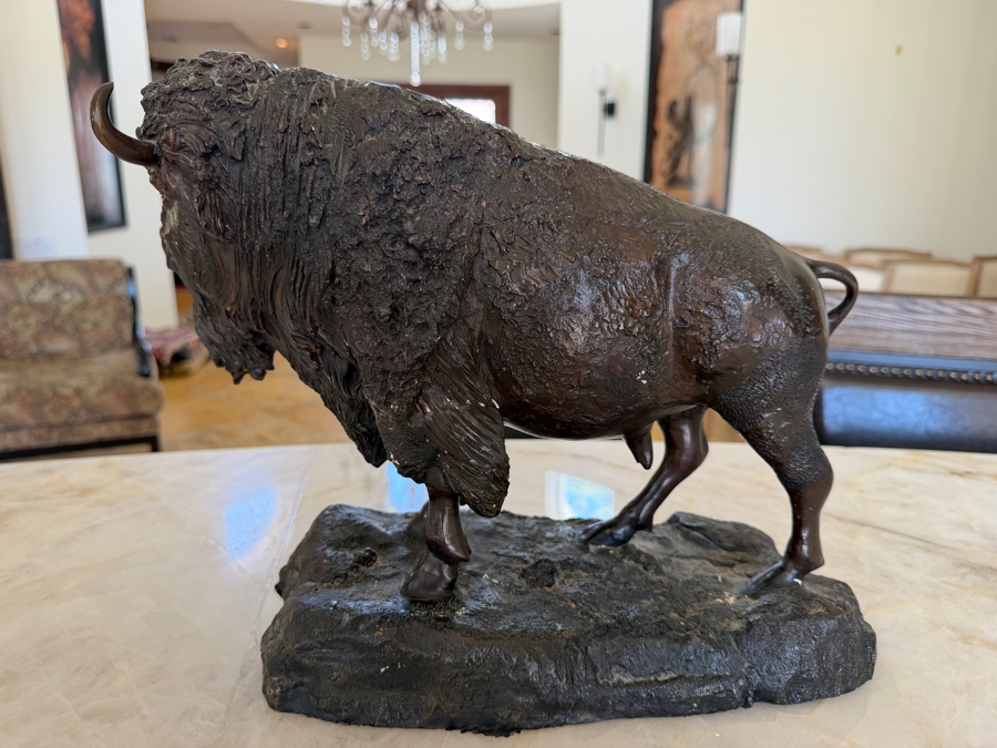 Bronze American Bison Sculpture By American Artist Benje Featuring Detailed Fur Texture On A Naturalistic Rocky Base With Dark Patina Finish 13'W X 6'D X 11'H [Photo 7]