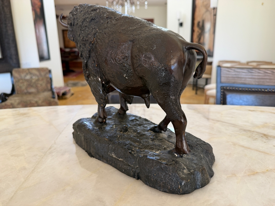 Bronze American Bison Sculpture By American Artist Benje Featuring Detailed Fur Texture On A Naturalistic Rocky Base With Dark Patina Finish 13'W X 6'D X 11'H [Photo 8]