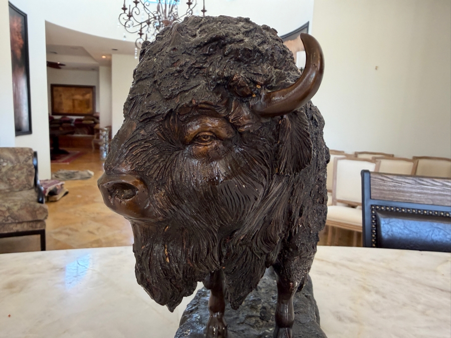 Bronze American Bison Sculpture By American Artist Benje Featuring Detailed Fur Texture On A Naturalistic Rocky Base With Dark Patina Finish 13'W X 6'D X 11'H [Photo 6]