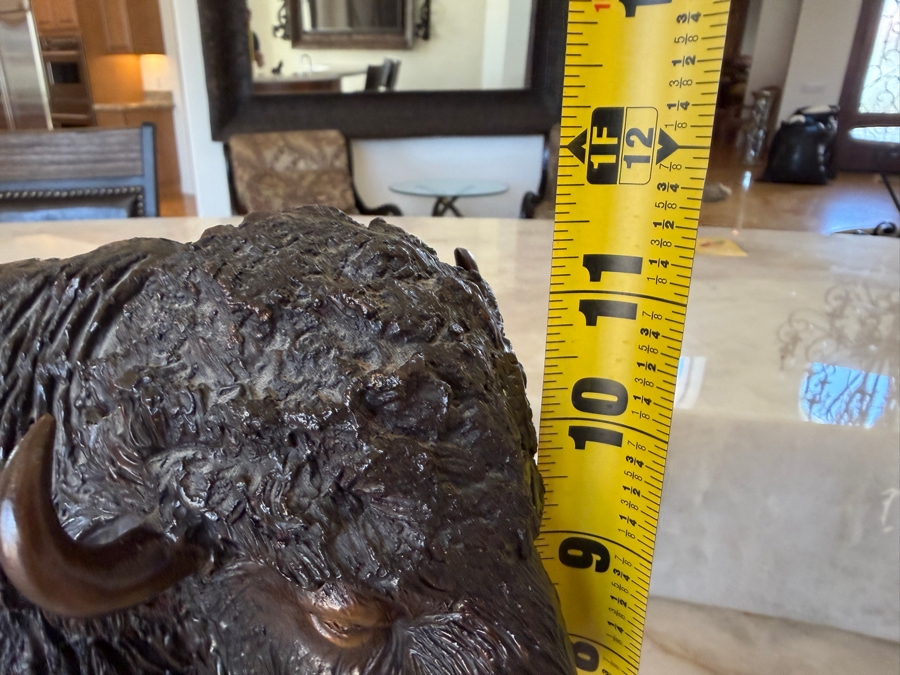 Bronze American Bison Sculpture By American Artist Benje Featuring Detailed Fur Texture On A Naturalistic Rocky Base With Dark Patina Finish 13'W X 6'D X 11'H [Photo 12]