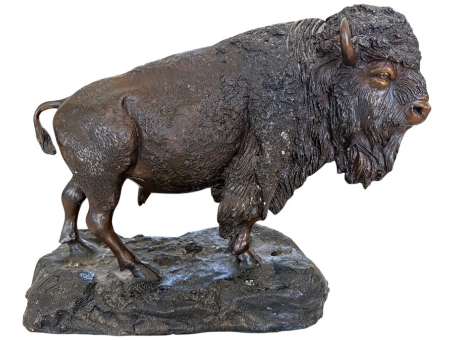 Bronze American Bison Sculpture By American Artist Benje Featuring Detailed Fur Texture On A Naturalistic Rocky Base With Dark Patina Finish 13'W X 6'D X 11'H