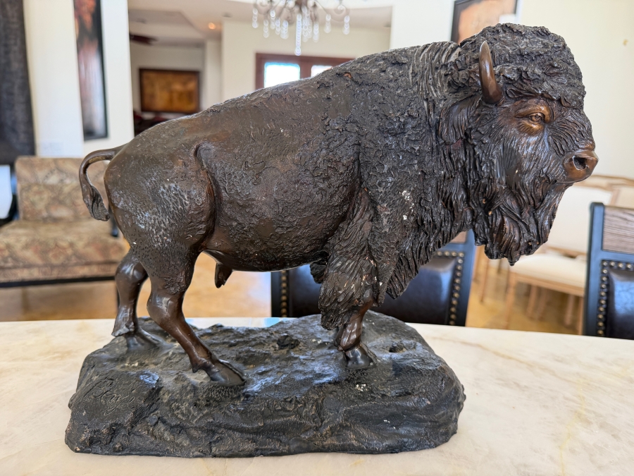 Bronze American Bison Sculpture By American Artist Benje Featuring Detailed Fur Texture On A Naturalistic Rocky Base With Dark Patina Finish 13'W X 6'D X 11'H [Photo 2]