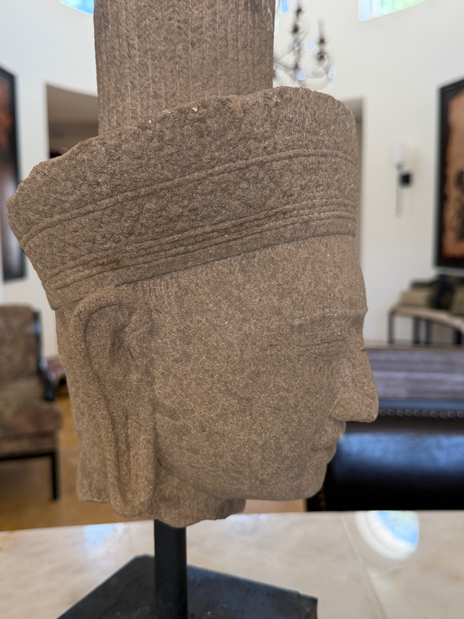 Khmer Style Sandstone Head Of Deity On Black Museum Stand 16'H [Photo 6]