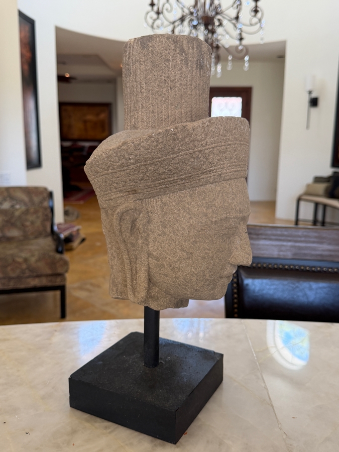 Khmer Style Sandstone Head Of Deity On Black Museum Stand 16'H [Photo 5]
