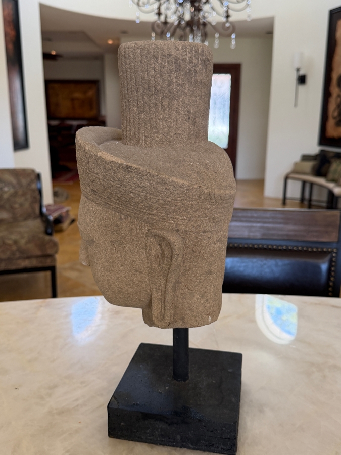 Khmer Style Sandstone Head Of Deity On Black Museum Stand 16'H [Photo 8]