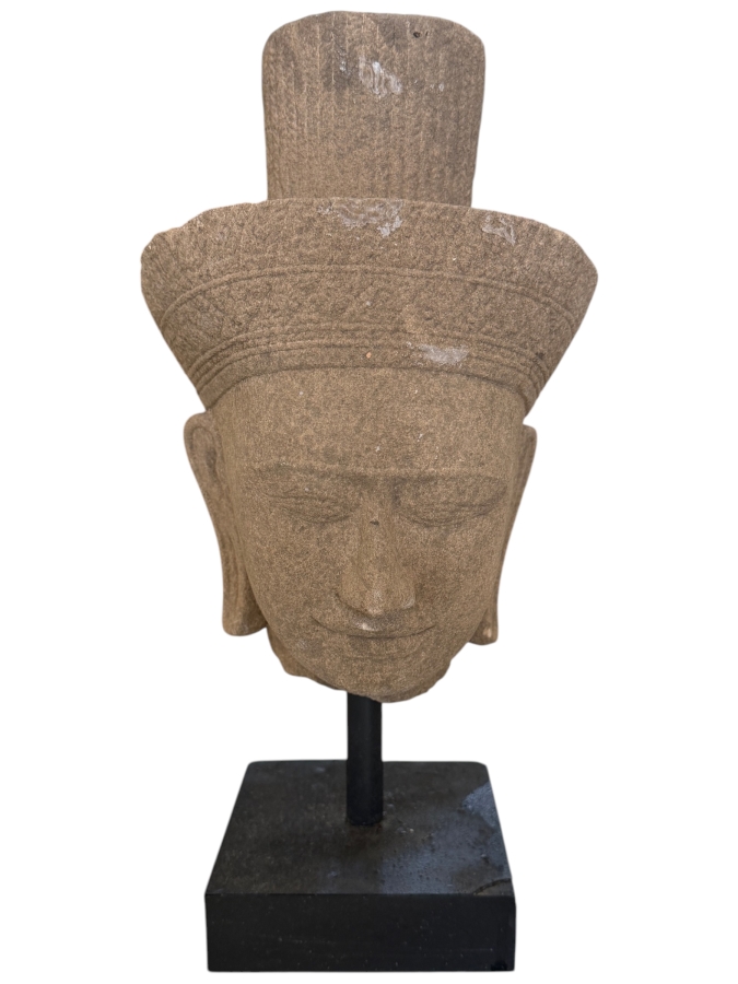 Khmer Style Sandstone Head Of Deity On Black Museum Stand 16'H