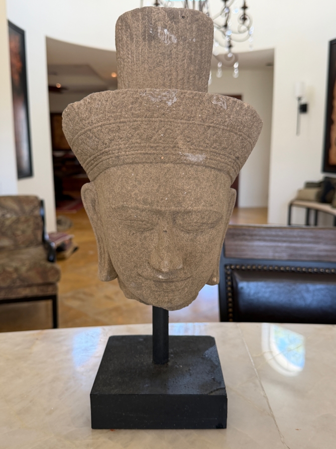 Khmer Style Sandstone Head Of Deity On Black Museum Stand 16'H [Photo 2]