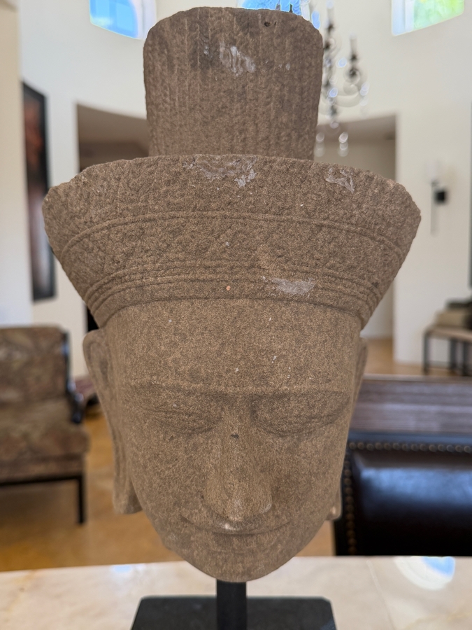 Khmer Style Sandstone Head Of Deity On Black Museum Stand 16'H [Photo 3]