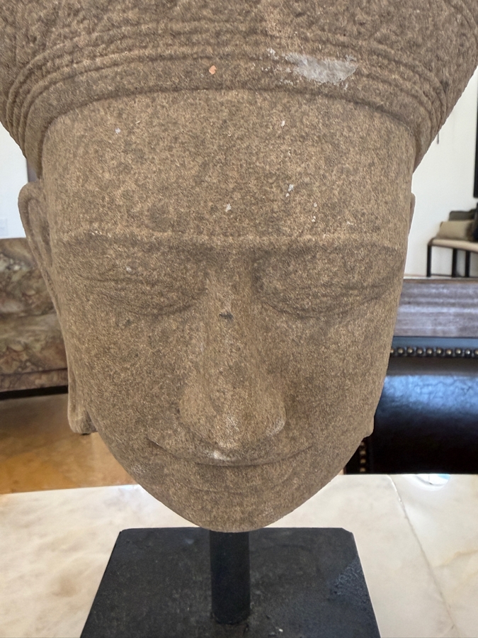 Khmer Style Sandstone Head Of Deity On Black Museum Stand 16'H [Photo 4]