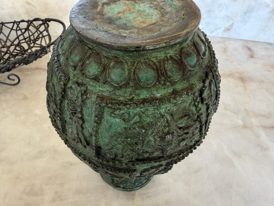 Archaic Style Chinese Bronze Ritual Vase Featuring Ornate Relief Floral Panels Beaded Borders And Heavily Weathered Verdigris Patina Finish 11'H [Photo 7]