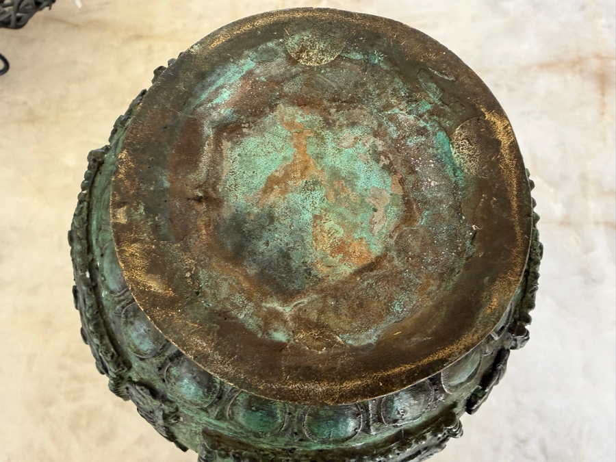 Archaic Style Chinese Bronze Ritual Vase Featuring Ornate Relief Floral Panels Beaded Borders And Heavily Weathered Verdigris Patina Finish 11'H [Photo 6]
