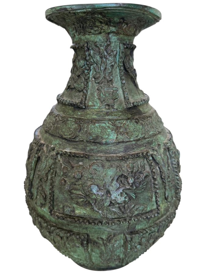 Archaic Style Chinese Bronze Ritual Vase Featuring Ornate Relief Floral Panels Beaded Borders And Heavily Weathered Verdigris Patina Finish 11'H