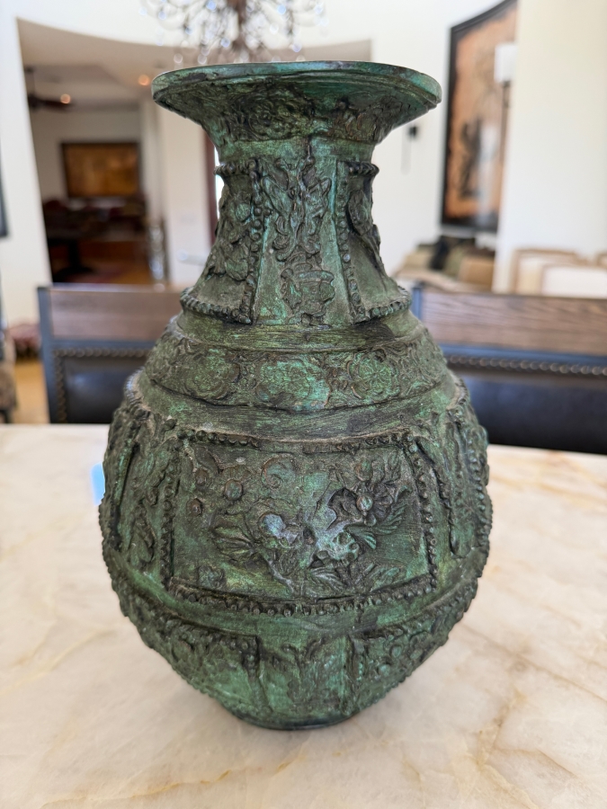 Archaic Style Chinese Bronze Ritual Vase Featuring Ornate Relief Floral Panels Beaded Borders And Heavily Weathered Verdigris Patina Finish 11'H [Photo 2]