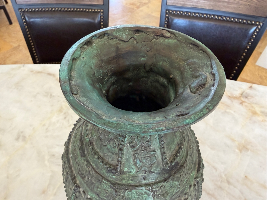 Archaic Style Chinese Bronze Ritual Vase Featuring Ornate Relief Floral Panels Beaded Borders And Heavily Weathered Verdigris Patina Finish 11'H [Photo 5]