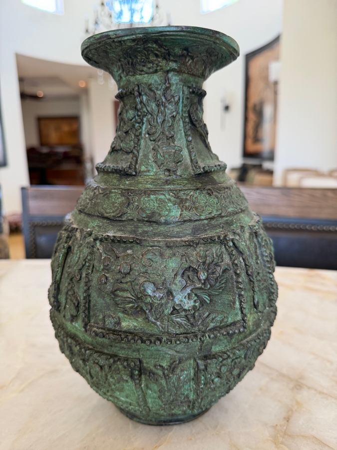 Archaic Style Chinese Bronze Ritual Vase Featuring Ornate Relief Floral Panels Beaded Borders And Heavily Weathered Verdigris Patina Finish 11'H [Photo 3]