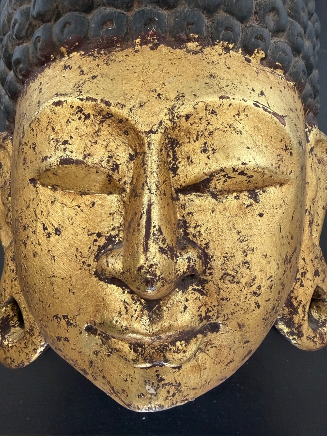 Vintage Thai Gilt Wood Buddha Mask Wall Hanging With Distressed Gold Leaf Finish 10W X 13H X 3.5D [Photo 4]