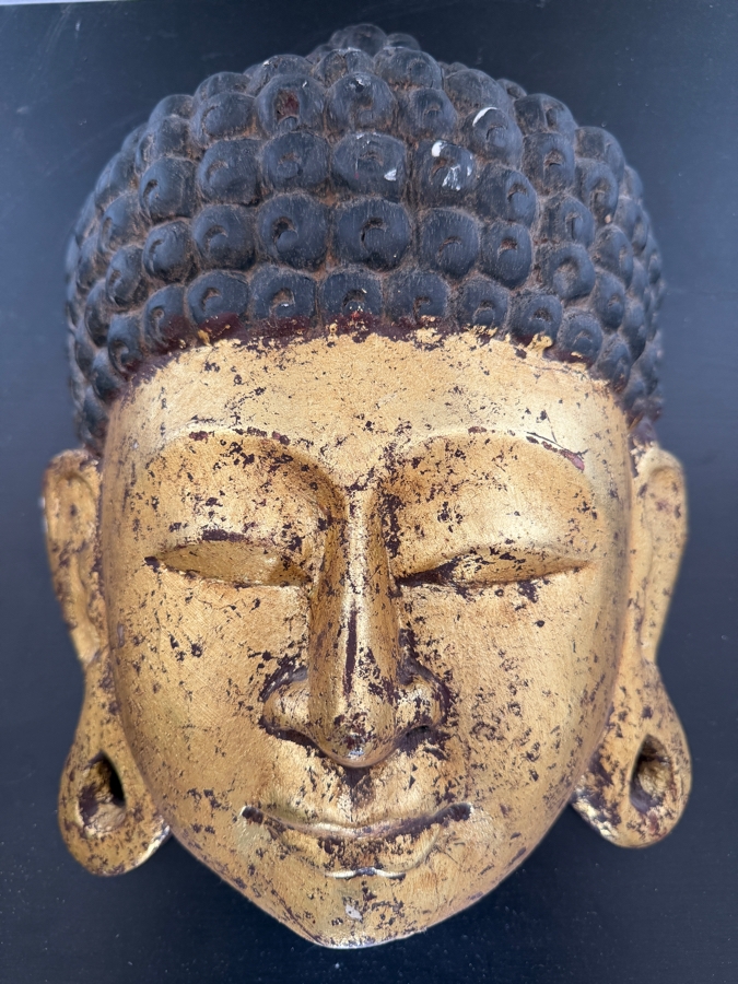 Vintage Thai Gilt Wood Buddha Mask Wall Hanging With Distressed Gold Leaf Finish 10W X 13H X 3.5D [Photo 3]