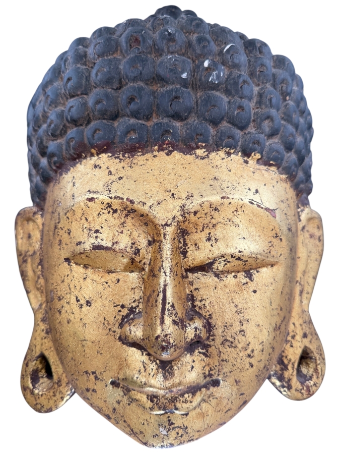 Vintage Thai Gilt Wood Buddha Mask Wall Hanging With Distressed Gold Leaf Finish 10W X 13H X 3.5D